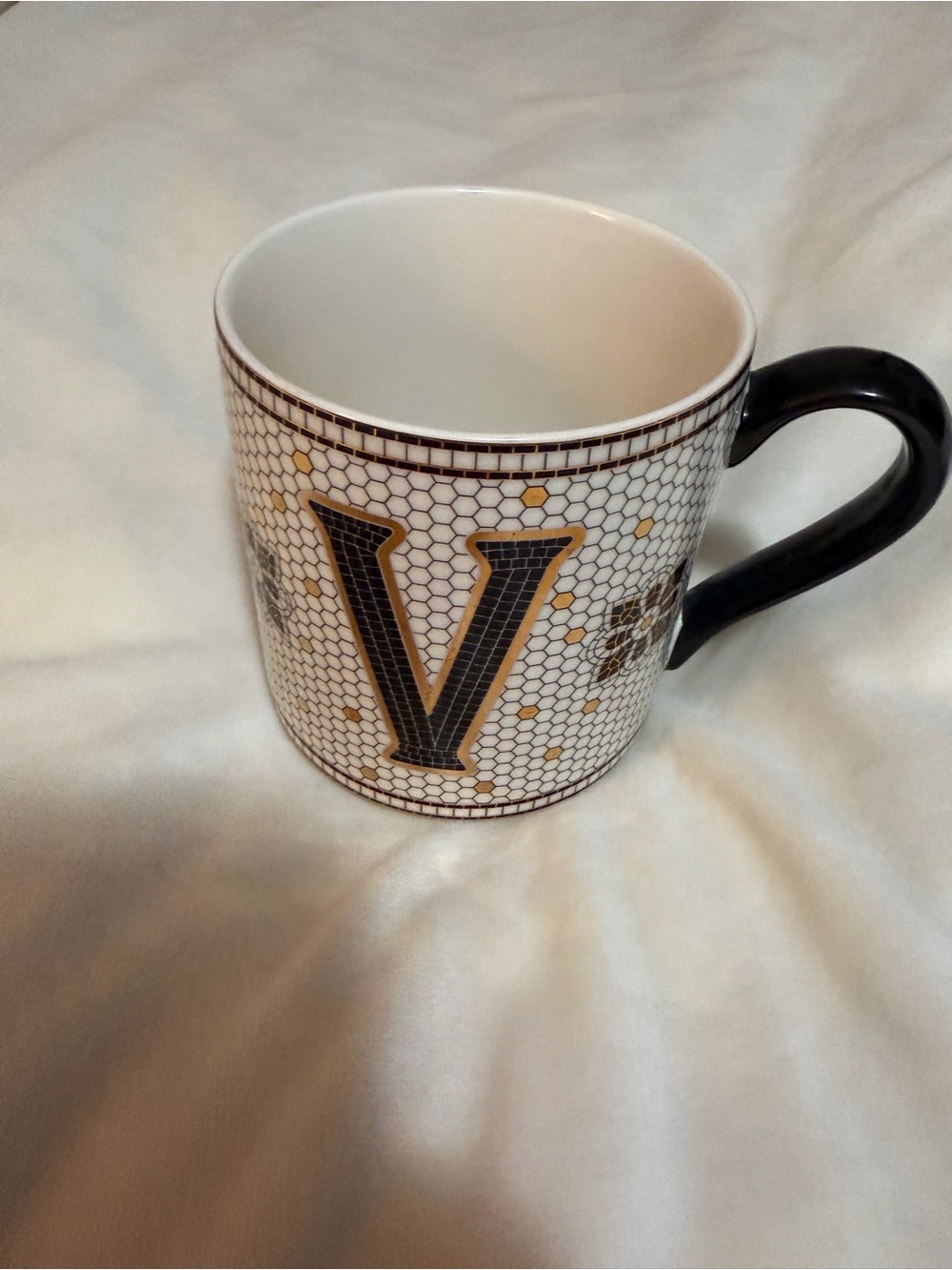 Anthropologie Bistro Monogram “V”Ceramic Coffee Mug in Black and Gold